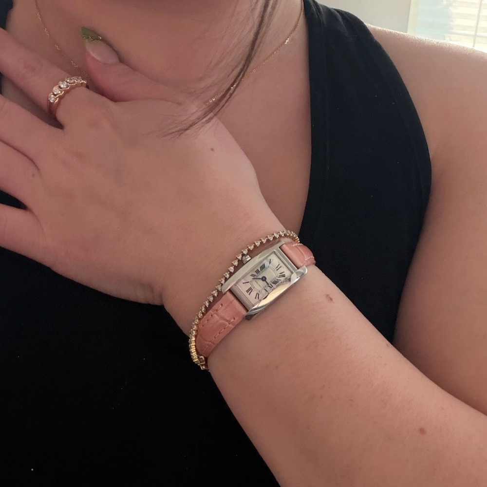 Pink Leather Strap Rectangular Silver-Tone Watch - image 2